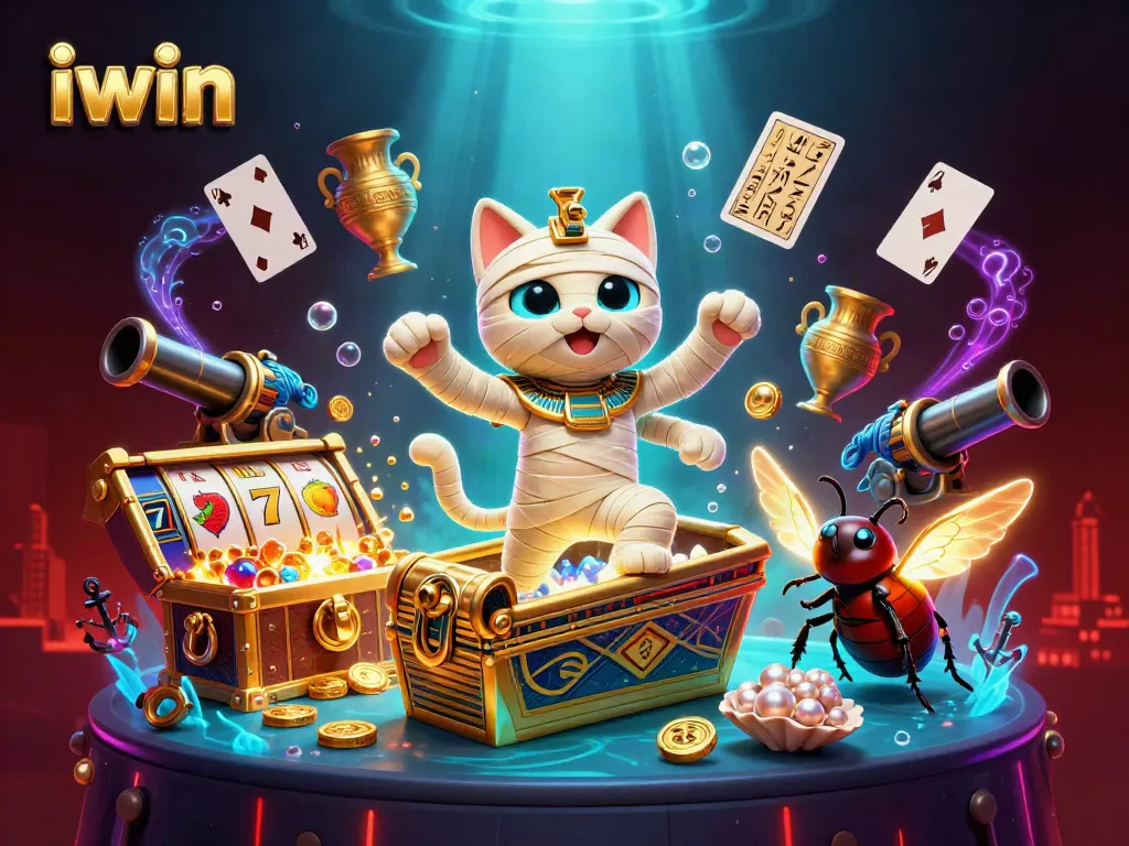Engage in thrilling iwin casino gameplay with a vibrant mummy cat and scarab beetle scene.