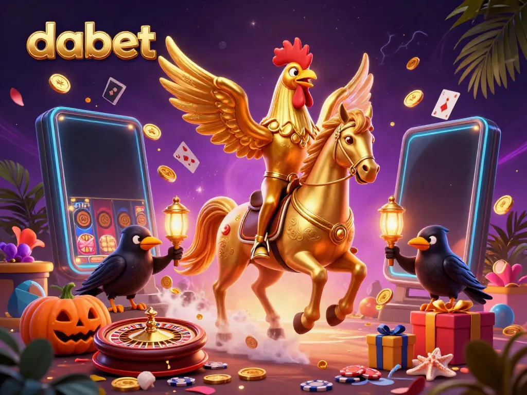 Experience the vibrant casino scene with dabet showcasing a golden rooster and playful pumpkins.
