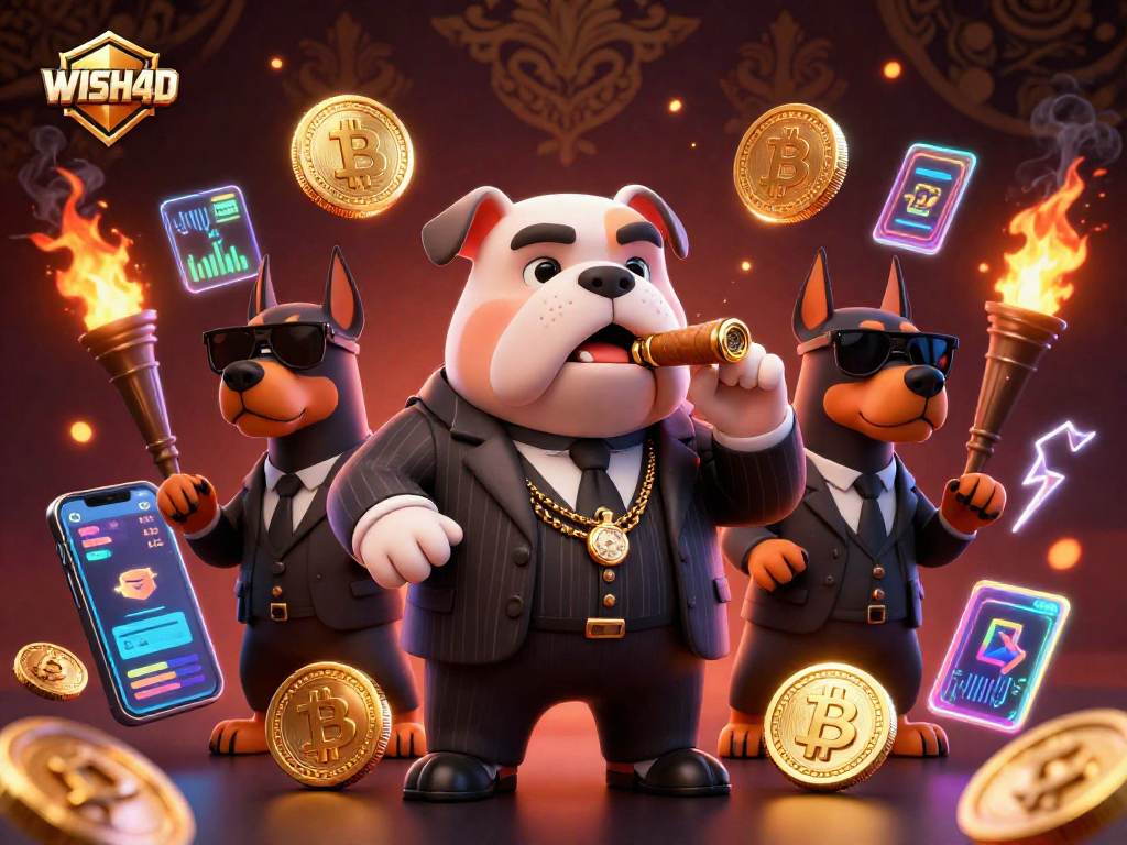 Engage with WISH4D in this vibrant casino scene showcasing crypto symbols and cartoon characters.