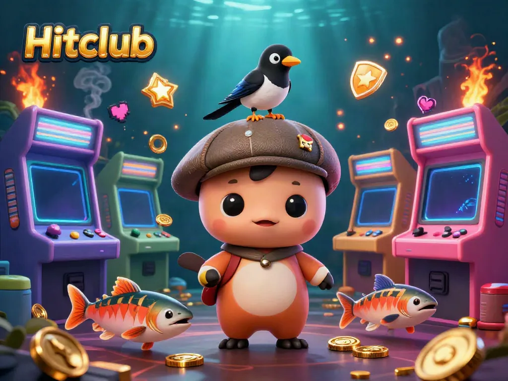 Engaging Hitclub scene with cartoon baby Nessie and gold-obsessed magpie in a vibrant casino environment.