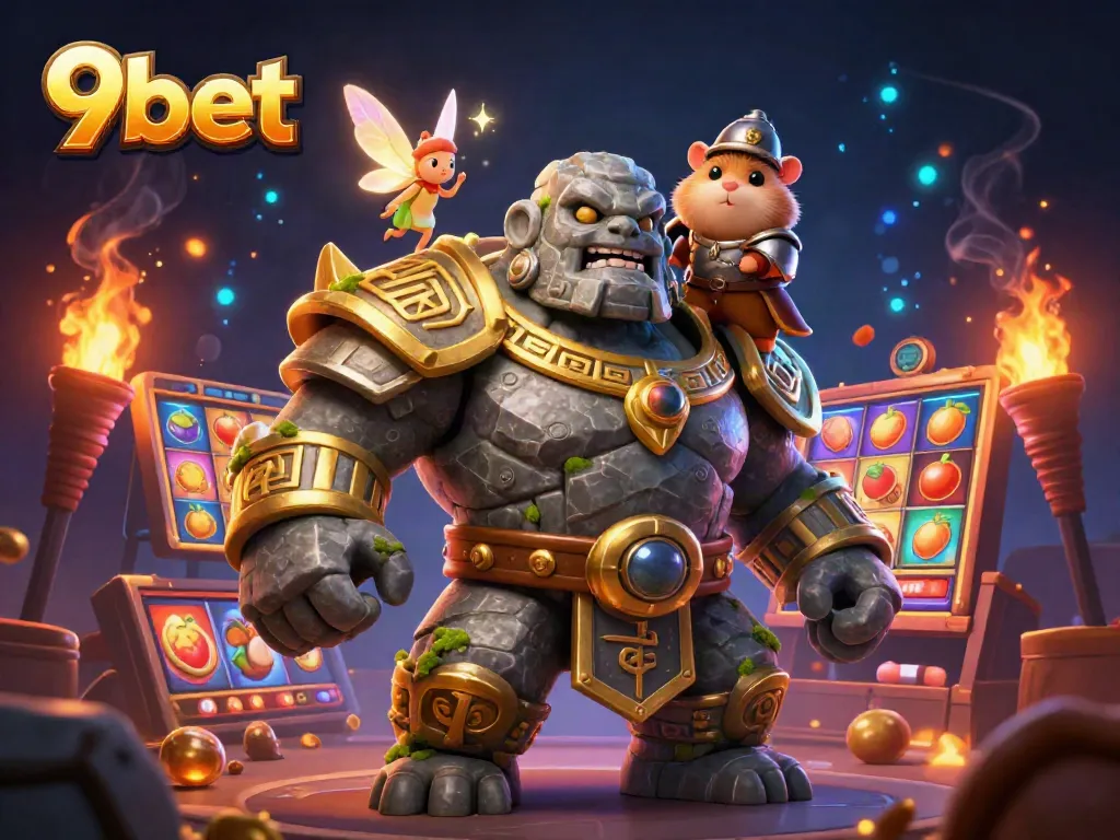 Engage with 9bet's dynamic casino scene featuring a magical golem and vibrant slot elements.