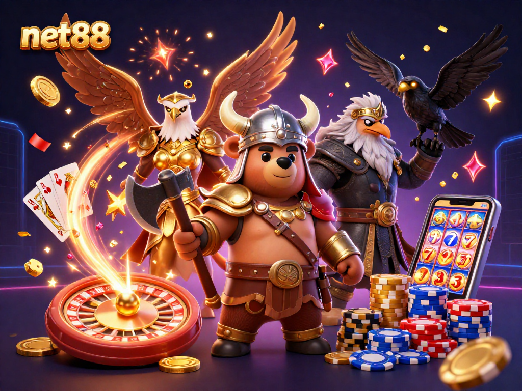 Experience thrilling gameplay with net88 at an animated casino featuring a Viking bear and Valkyrie eagle.