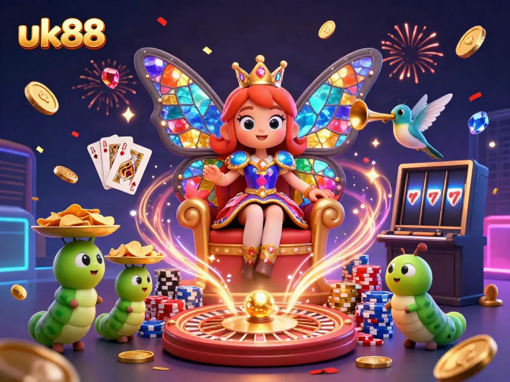 Engage with the exciting uk88 casino through an enchanting scene featuring a butterfly queen amidst colorful gambling elements.
