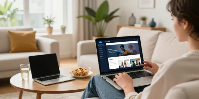 Engaged user exploring Bangau88 digital platform on a laptop in a cozy living room.
