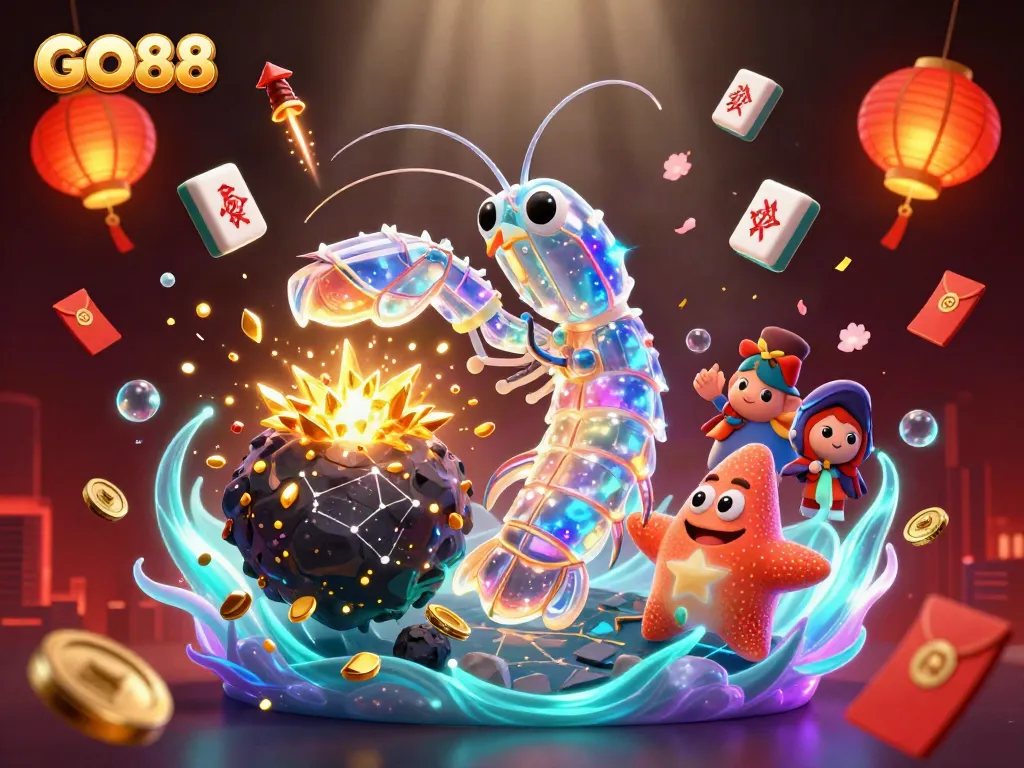 Experience the excitement of GO88 as a cartoon mantis shrimp battles through gems and coins in a vibrant casino scene.