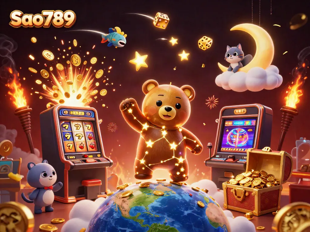 Scoop up coins with Sao789's constellation bear in a vibrant casino scene full of excitement.