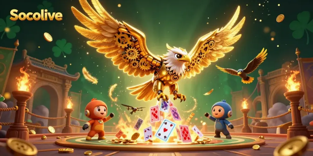 Socolive features an eagle surrounded by gold coins and festive betting icons in a dynamic design.