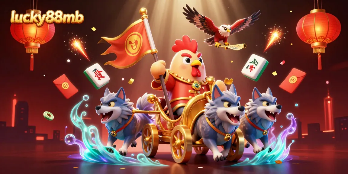 Experience thrilling gameplay at lucky88mb with a dynamic rooster warlord scene, golden coins, and festive decorations.