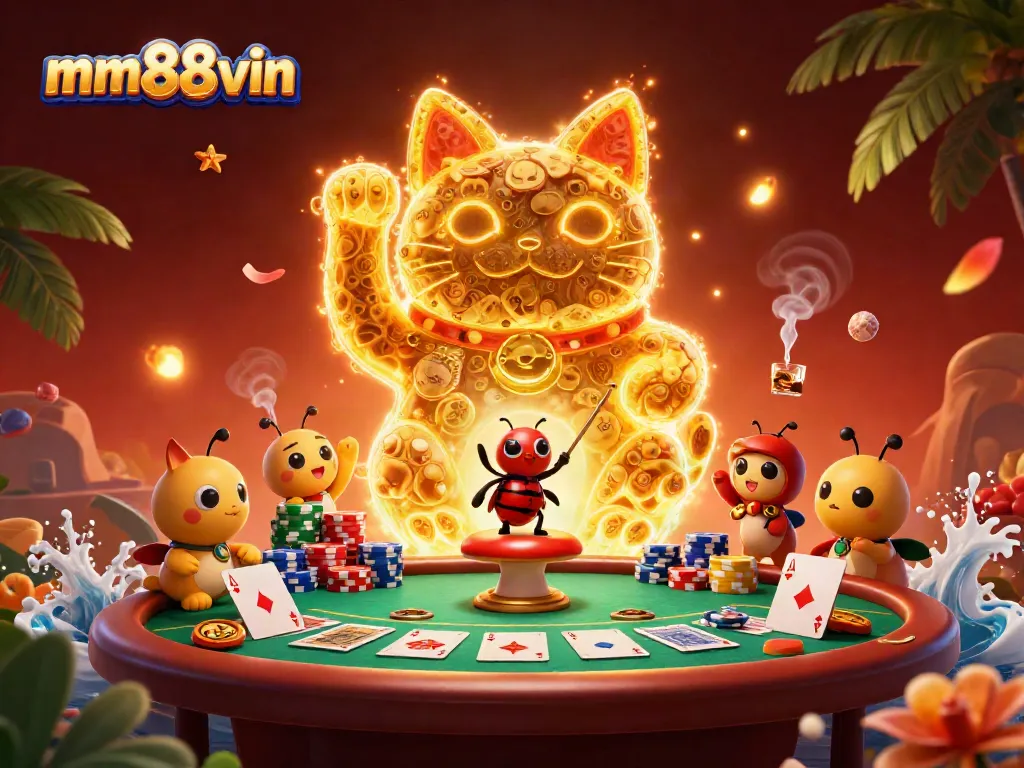Experience winning moments at MM88vin with vibrant casino elements around a lucky cat.