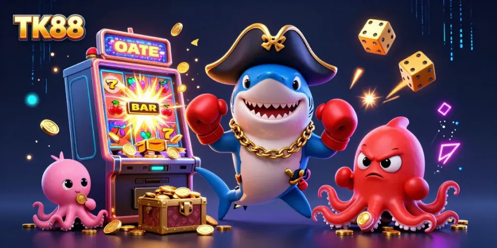 Experience the thrill of TK88 with cartoon characters in an energetic casino scene featuring jackpots, games, and coins!