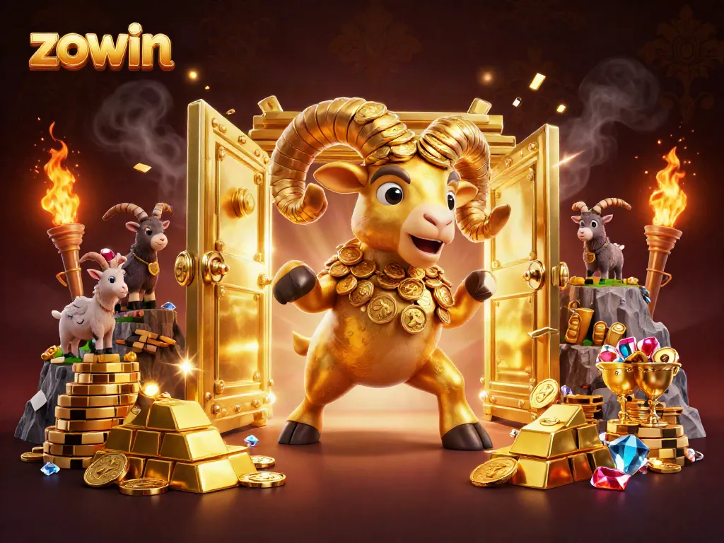 Zowin features a golden ram charging through a treasure vault, surrounded by coins and gems.