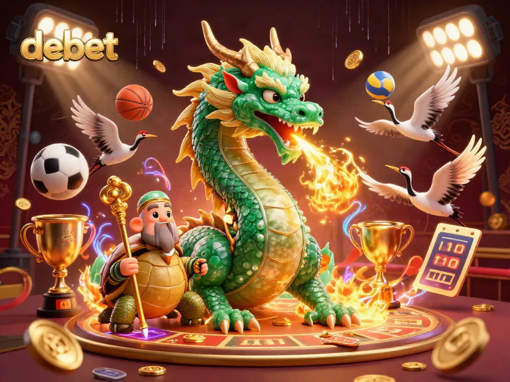Experience thrill with debet's dynamic casino scene featuring a jade dragon and sports elements.