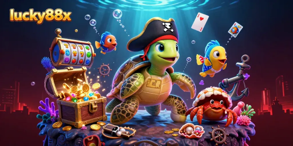 Experience luck with lucky88x in this vibrant 3D casino illustration featuring a pirate turtle and underwater treasures.