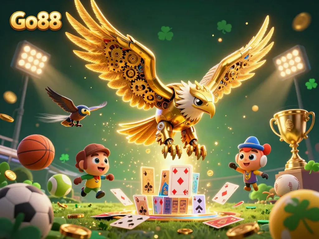 Experience exhilarating gameplay at Go88 with a dynamic illustration of a cybernetic eagle amidst casino elements.