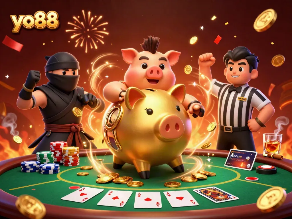 Win exciting jackpots at yo88 with the golden piggy bank sumo wrestler and card duelists.