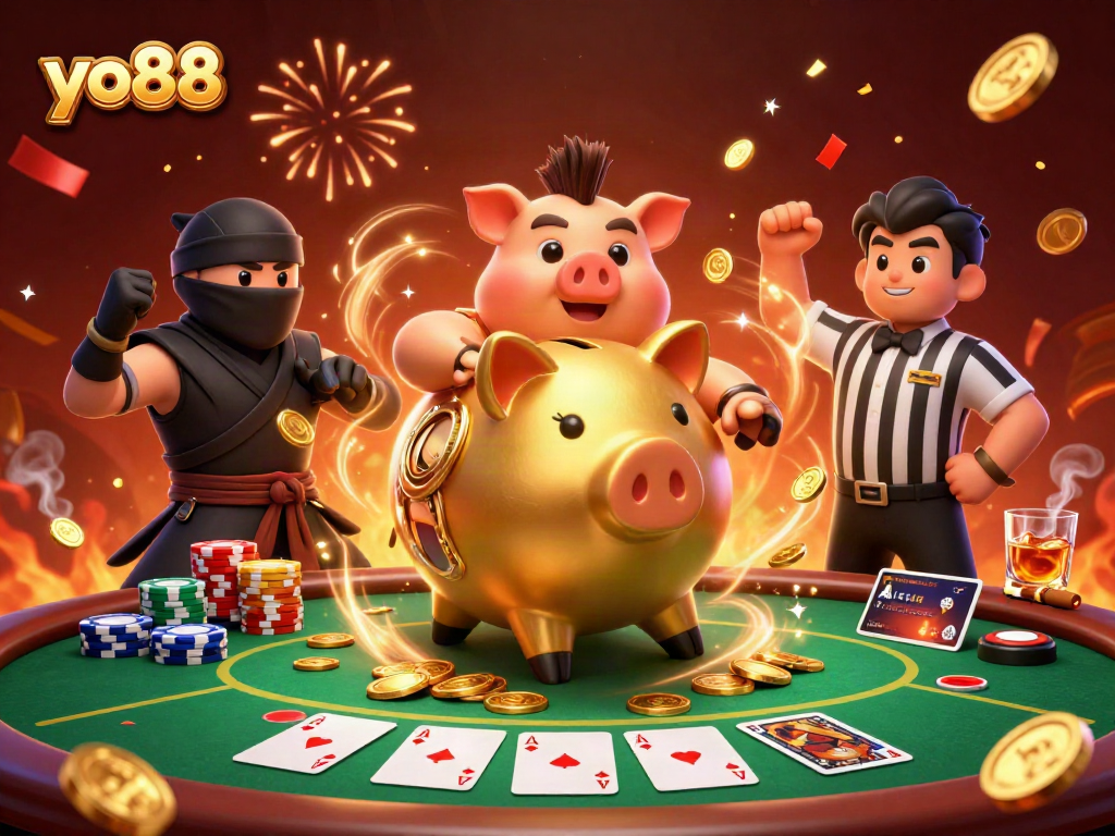 Win exciting jackpots at yo88 with the golden piggy bank sumo wrestler and card duelists.