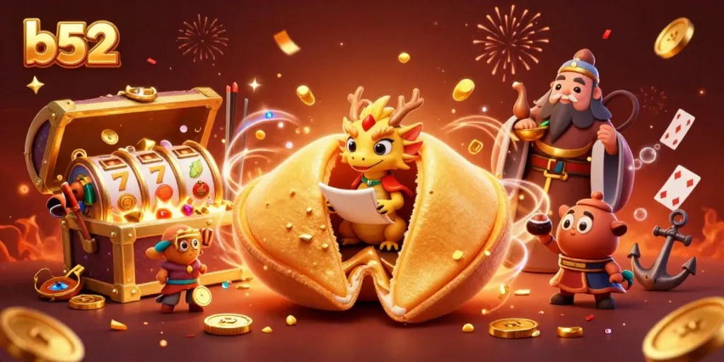 Engage with thrilling b52 casino action featuring a dynamic scene of fortune cookies, dragons, and immersive slot games.