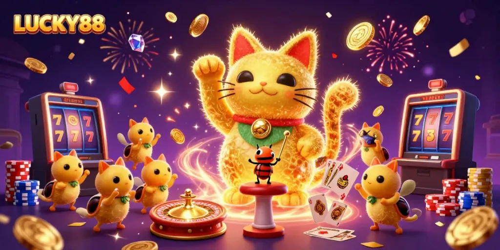 Experience LUCKY88 with a vibrant 3D illustration showcasing a lucky cat and dynamic casino elements.