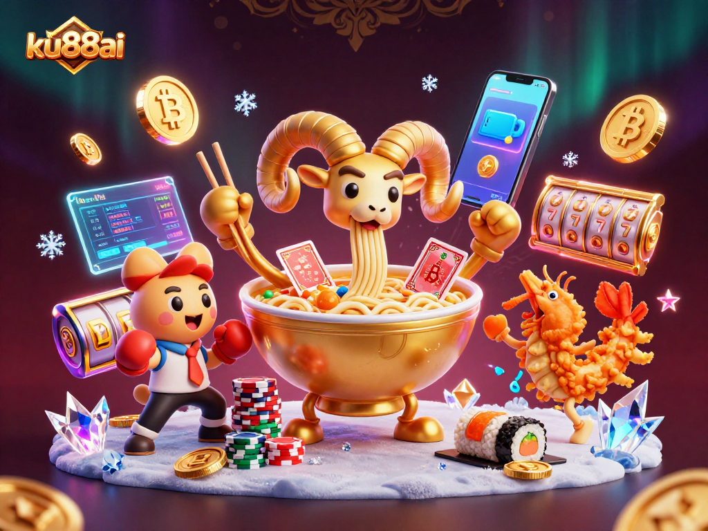 Experience the excitement of ku88ai with a vibrant 3D casino scene featuring a golden ramen bowl dealer.