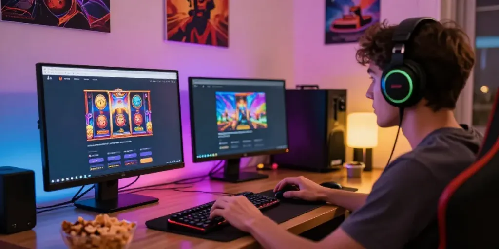 Engaged gamer on kayu77 site with colorful animations and snacks.