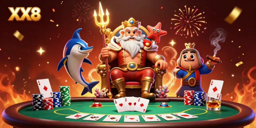 Experience the thrill of the XX8 poker table with Neptune and his companions in an epic game scene.