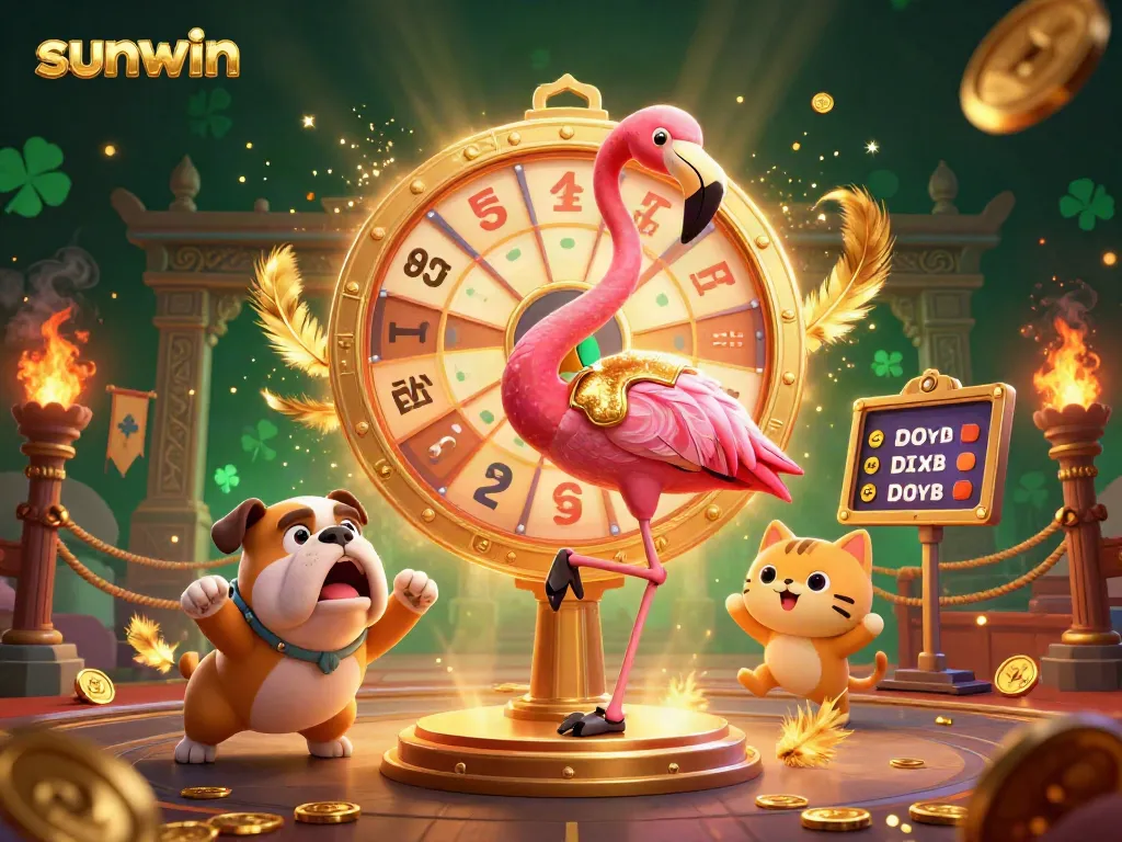 Experience thrilling gameplay with sunwin as a flamboyant flamingo host spins the prize wheel.
