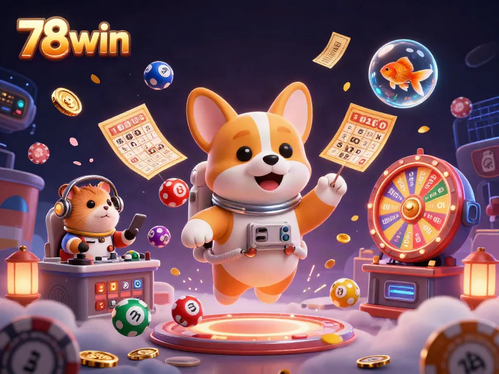 Engage with 78win: Discover an exciting casino scene with floating characters and dynamic games.