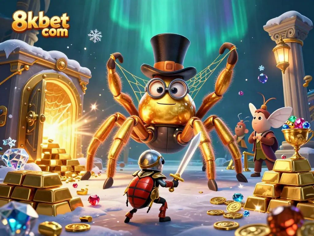 Engage with exciting gameplay at 8xbet com, featuring vibrant 3D characters including a golden tarantula and beetle knight.