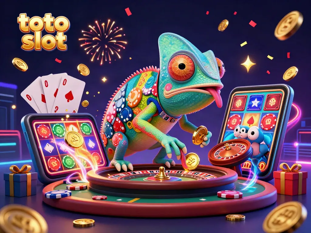 Raih kemenangan di toto slot dengan chameleon kasino yang menyaksikan meja roulette dan ponsel slot berkilauan.