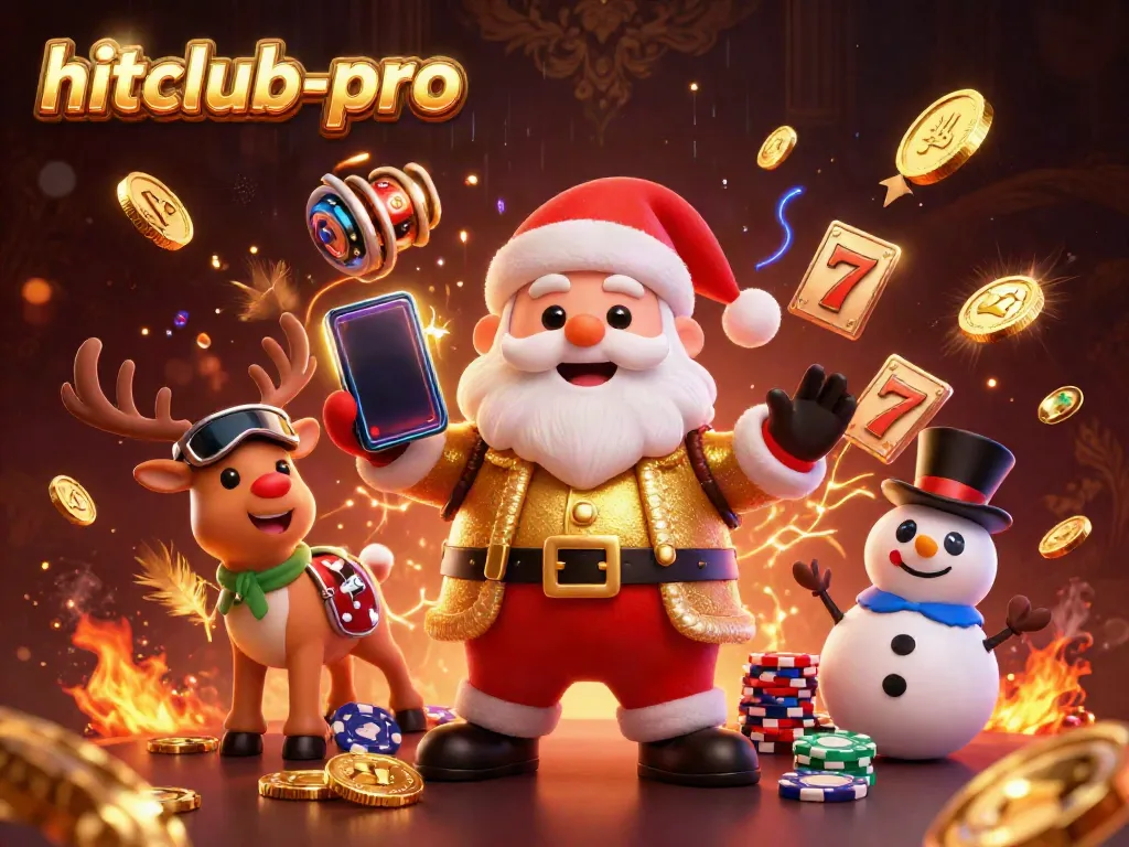 Hitclub-pro presents a vibrant casino scene featuring Santa, a reindeer dealer, and a poker chip snowman.