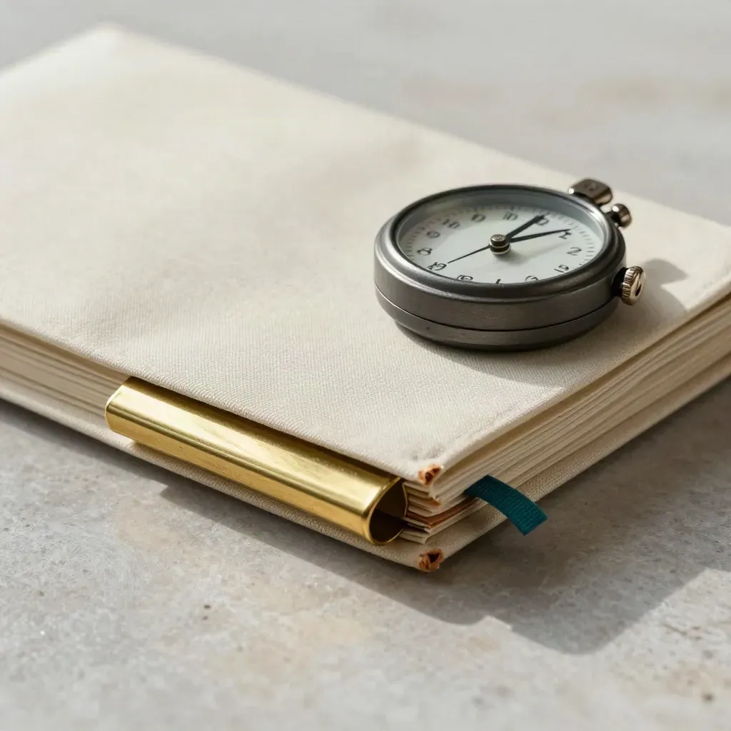 Kremowy planner, mosiężny klips i ciemny timer na metalicznej powierzchni w miękkim świetle.