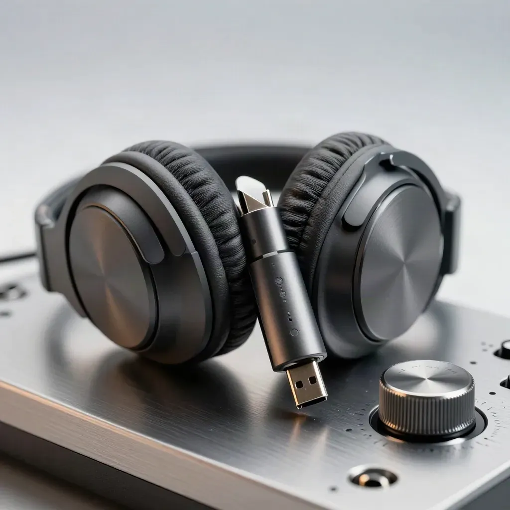 Słuchawki bezprzewodowe, mikrofon USB i pokrętło audio na metalowej powierzchni.