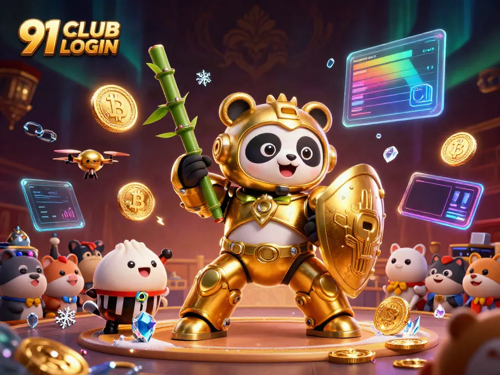 Engage with the vibrant 91 CLUB LOGIN scene featuring a mech-suit panda in an electrifying arena.
