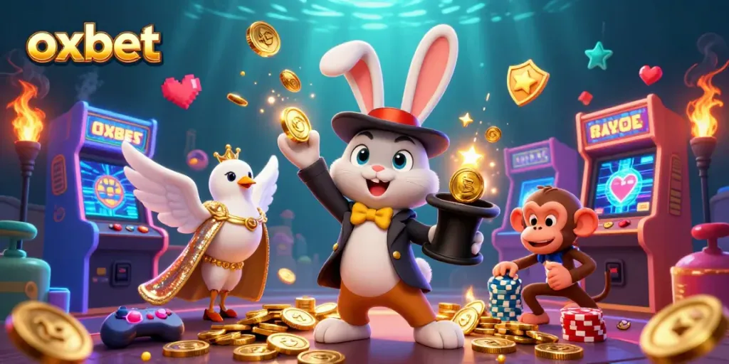 Play with excitement at OXBET, showcasing a magician rabbit, glamorous dove, and monkey with poker chips.