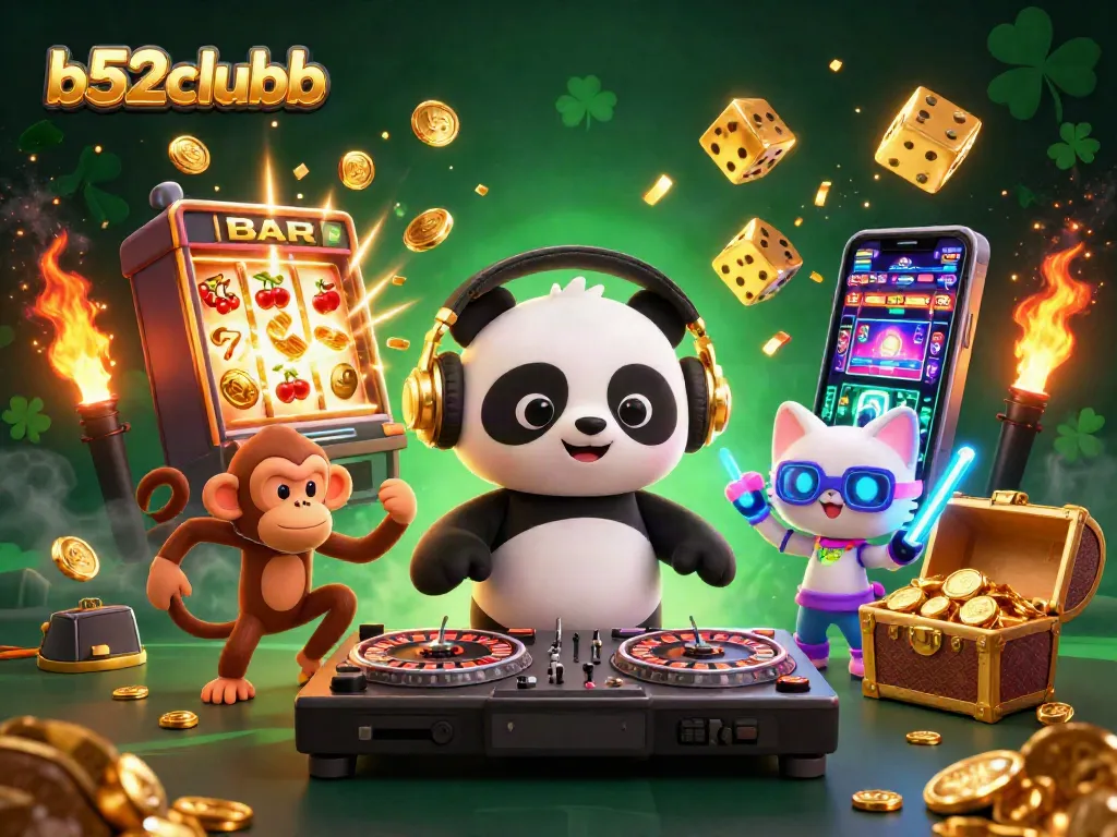 Join the excitement with b52clubb as DJ panda spins at a lively casino scene bursting with action.