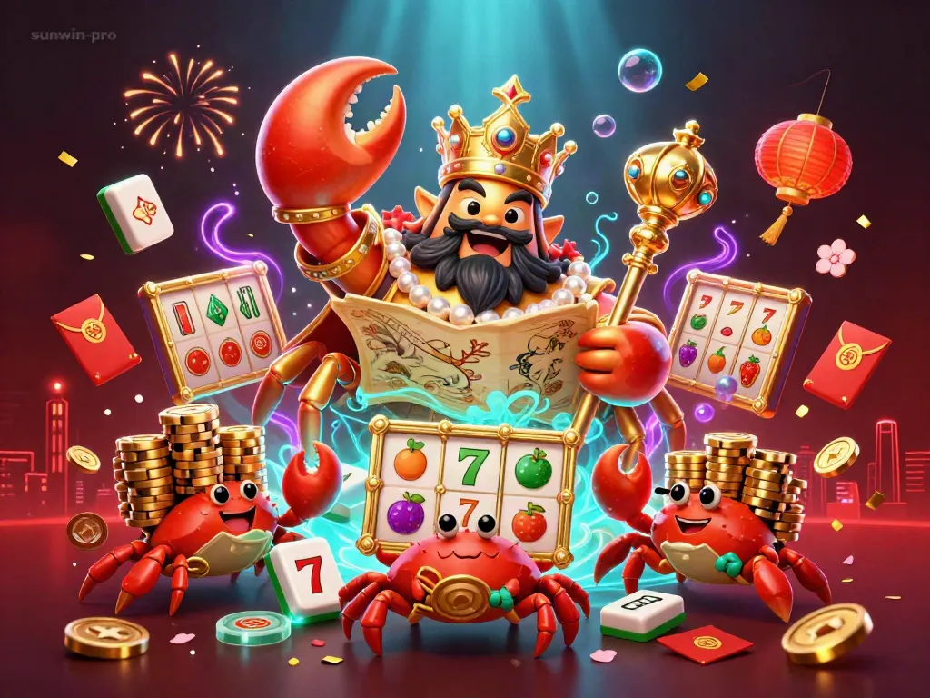 Experience gaming excitement with sunwin-pro's dynamic 3D illustration of a crab emperor among vibrant casino symbols.