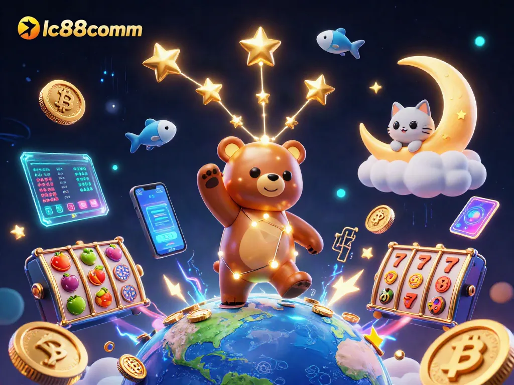 Win big with lc88comm as constellation bear scoops coins in a vibrant casino scene.