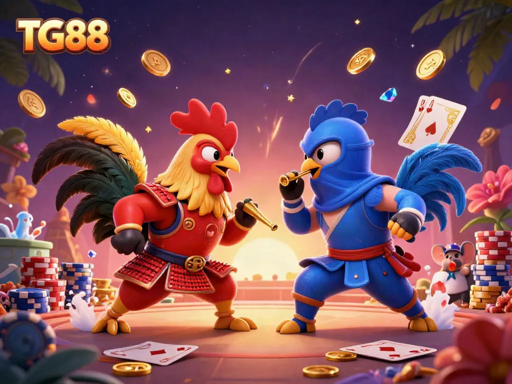 Experience intense gameplay with TG88's fighting roosters showdown in a vibrant casino atmosphere.