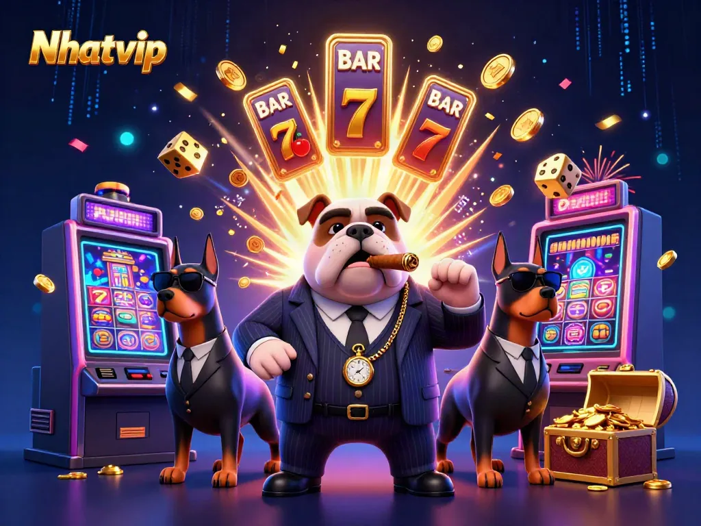 Nhatvip animated scene showcasing a mafia bulldog amidst exploding slot machine symbols and a vibrant casino atmosphere.