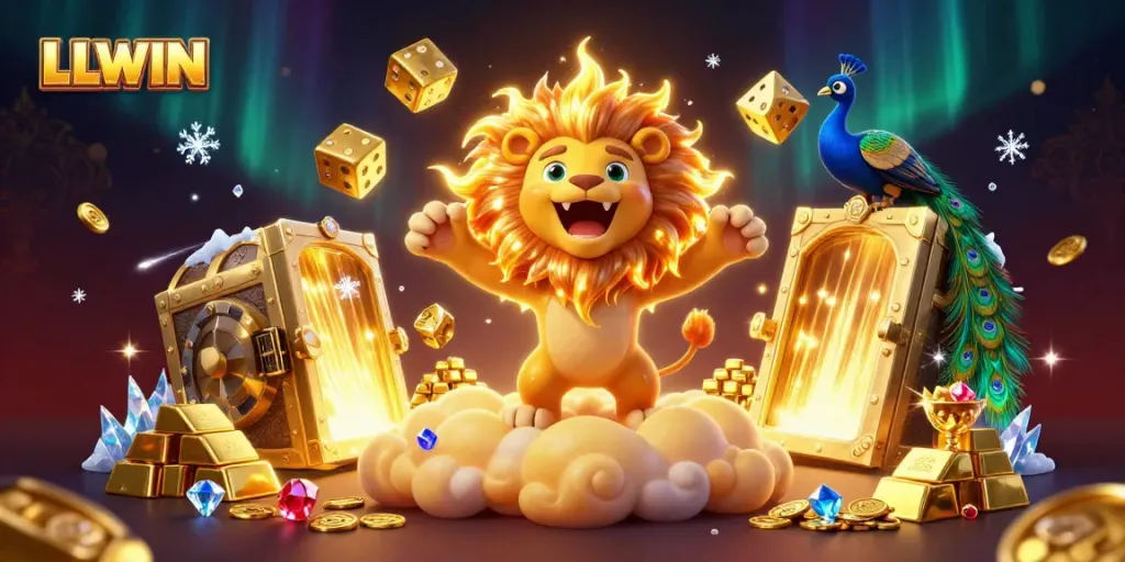 Experience LLWIN's dynamic gaming realm with a roaring lion amidst sparkling riches and golden treasures.