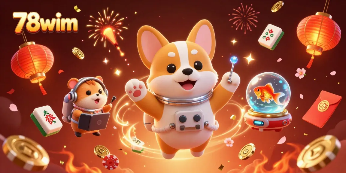 Engage with thrilling moments at 78wim, where a cartoon astronaut corgi and friends enjoy casino games in zero gravity.