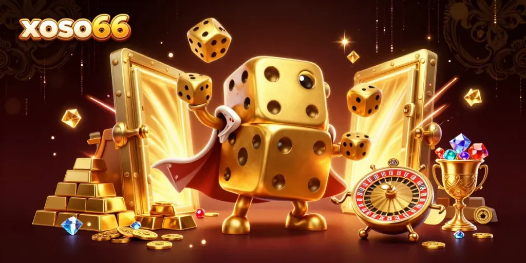 Experience the excitement of xoso66 with golden dice and treasures in a vibrant casino scene.