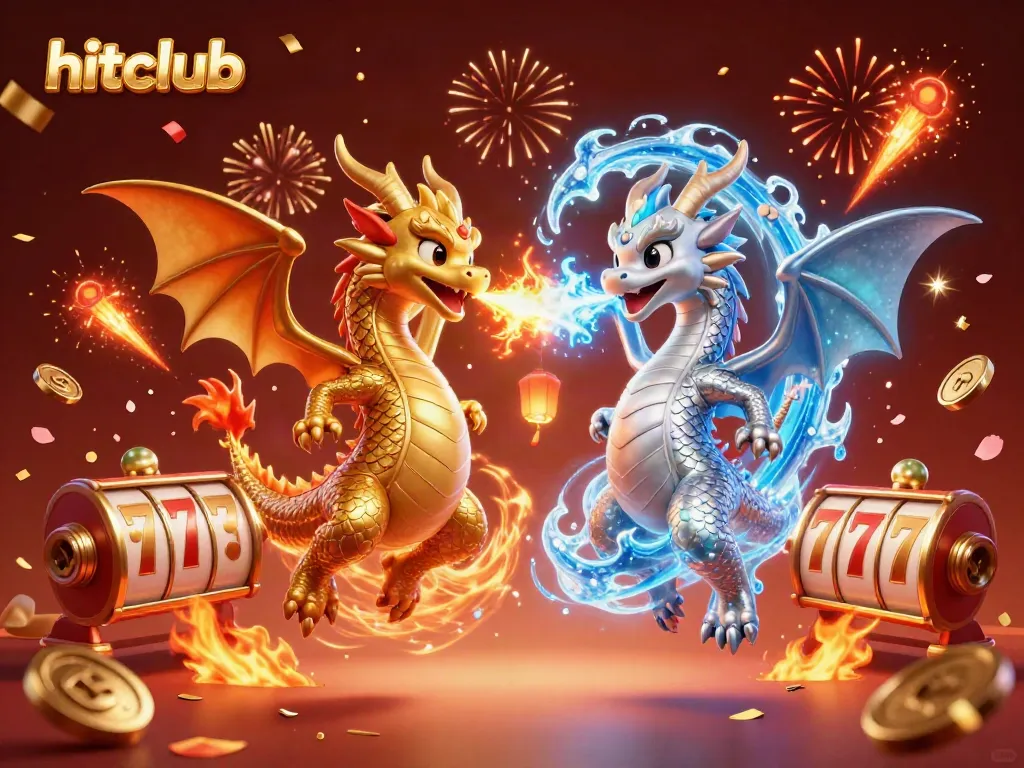 Experience the excitement of hitclub with dynamic 3D dragons and cascading slot reels in a lively casino scene.