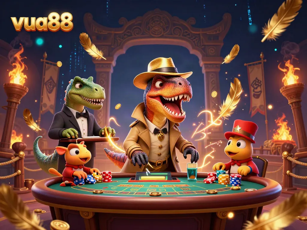 Watch the velociraptor card counter at the blackjack table in the bustling vua88 casino atmosphere.