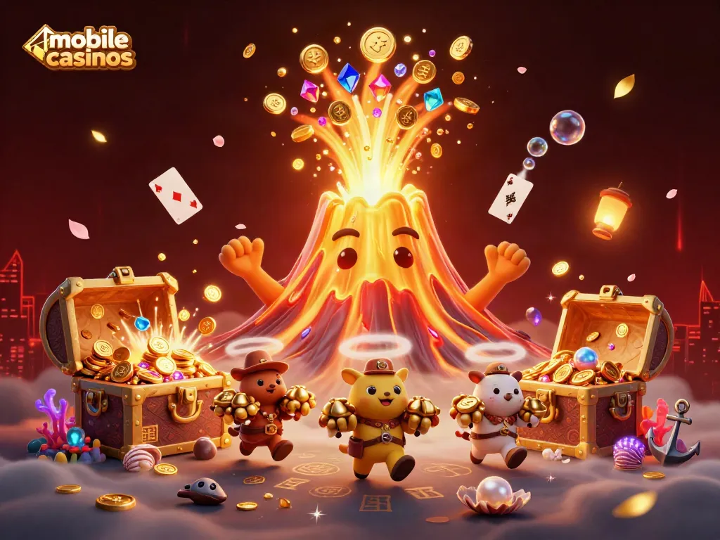Experience thrilling mobile casinos as cartoon animals flee from a golden volcano erupting coins and treasure.