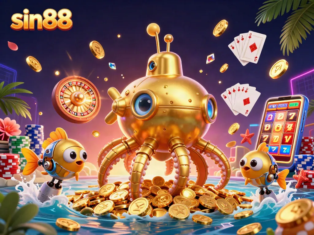 Engage with thrilling sin88 gaming action featuring a golden kraken submarine amidst cascading coins.