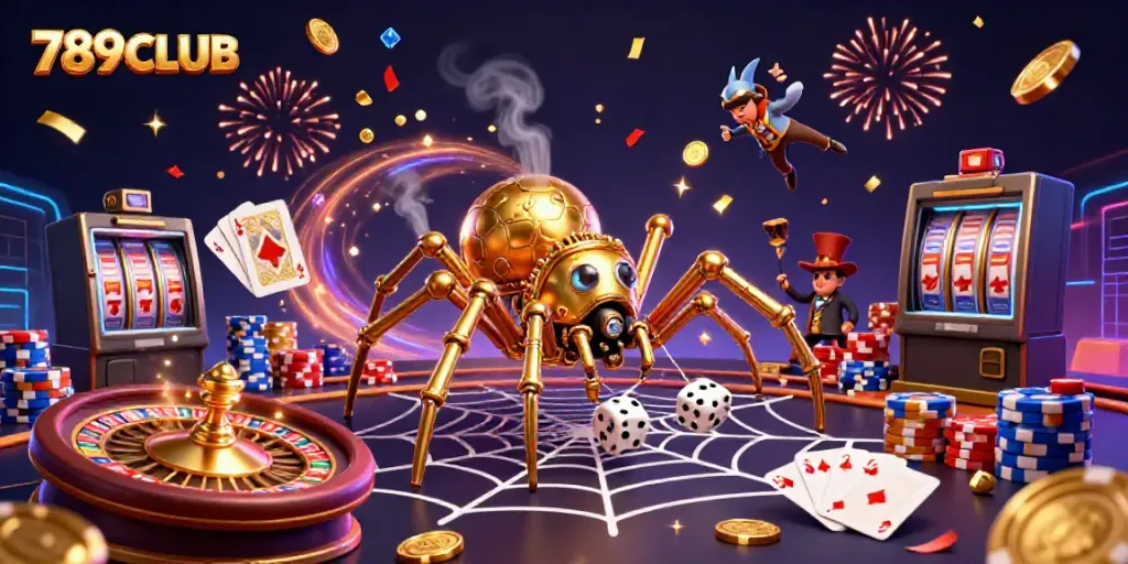Experience thrilling gaming action with 789CLUB's vibrant 3D illustration showcasing unique casino elements.