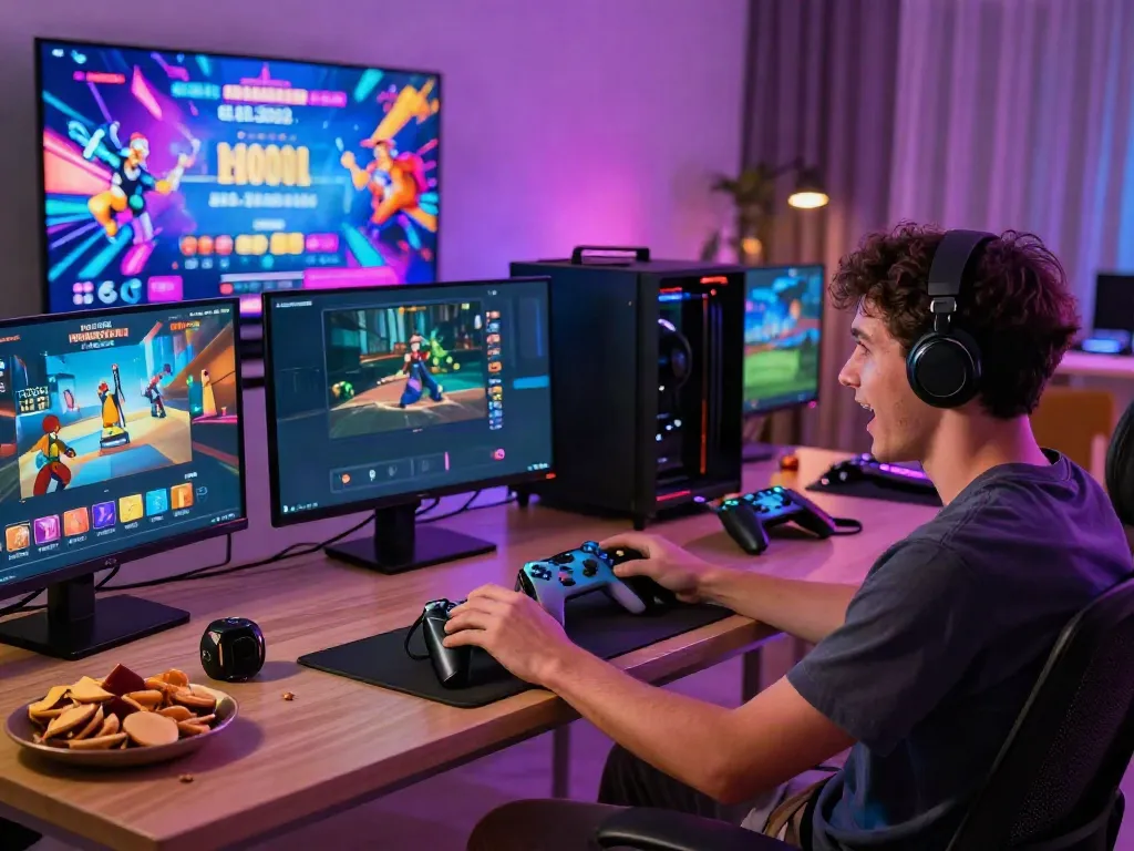 Player engaged in thrilling slot gacor gaming at home with vibrant screens showcasing colorful games.