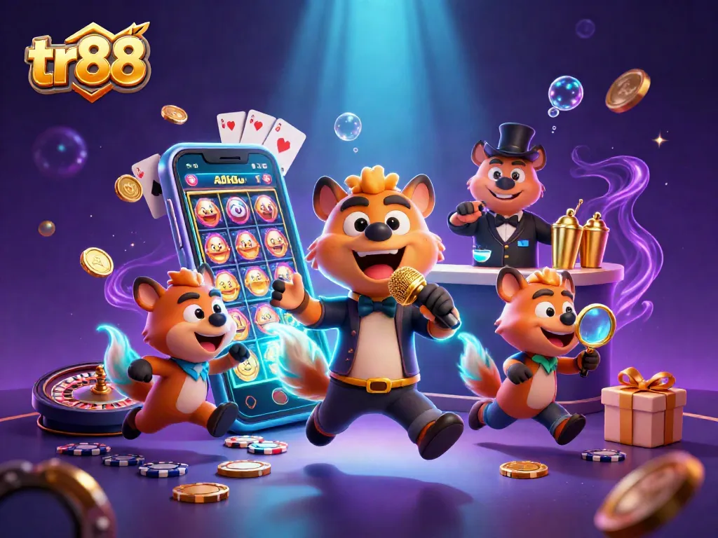 tr88 hyenas animate a lively online casino with vibrant slots and game elements in a comedic scene