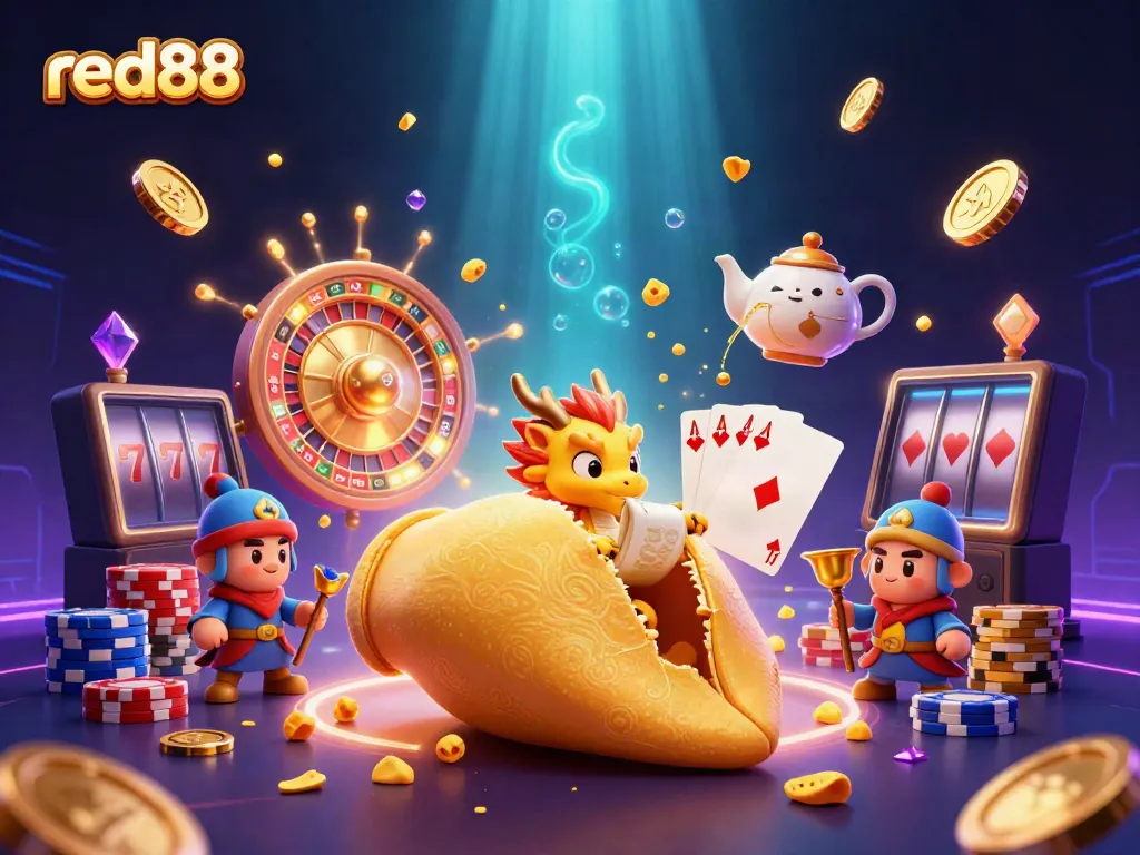Engage with red88 in a vibrant casino scene featuring a golden fortune cookie and treasure elements.